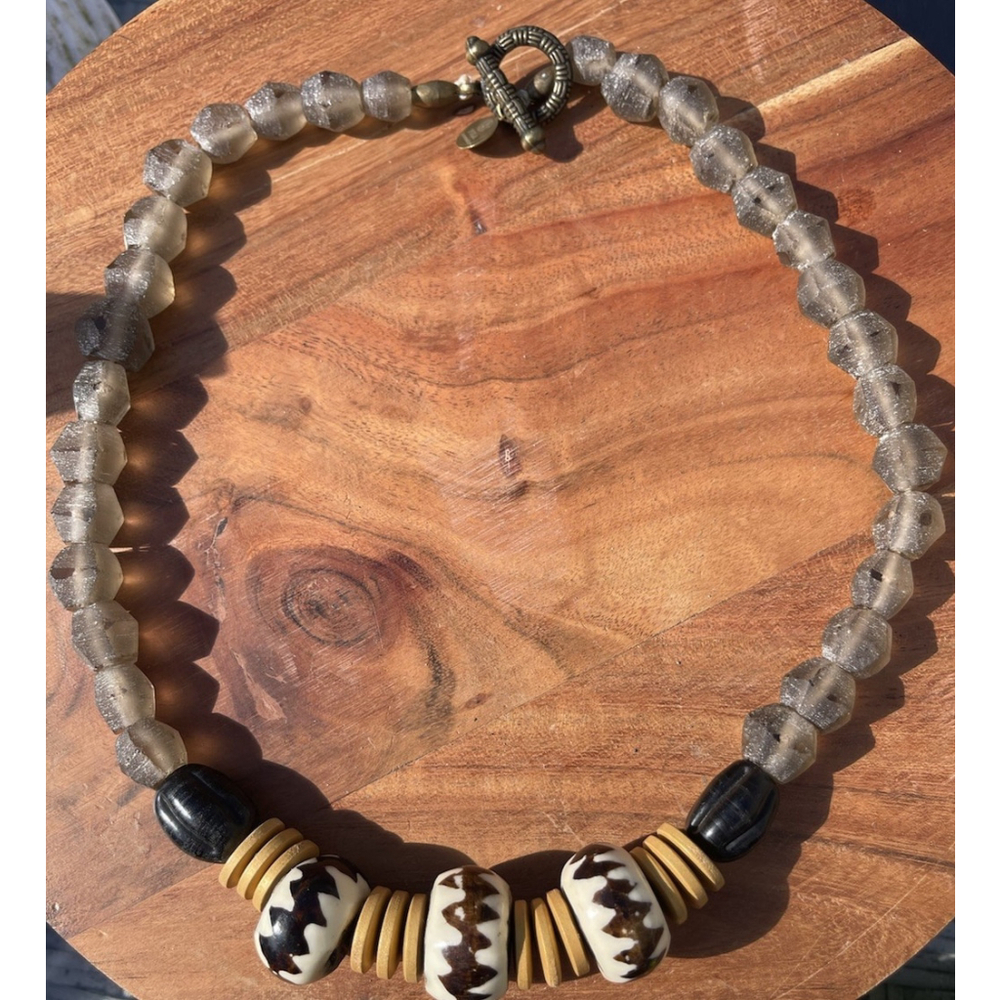 Fula Artisan Necklace African Trade Beads Smokey Glass & Bone Disc Tribal